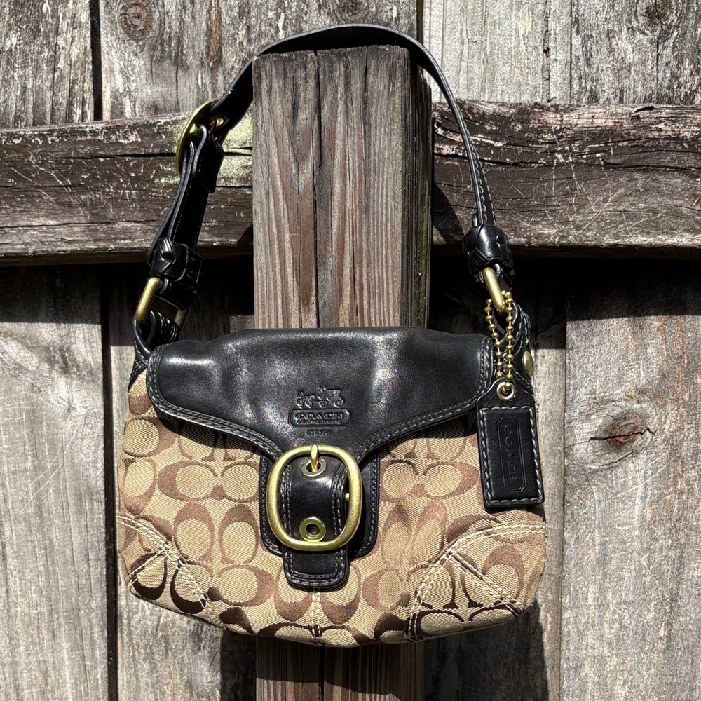 Coach Black and Tan Signature Shoulder Bag